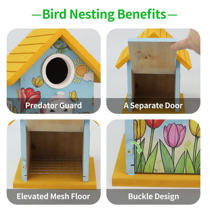 Wooden Bird Houses Bird House for Outside Yellow Wood Bird House for Outdoors,Handmade Painted Tulips Bird Houses for Garden Blue Bird Hummingbird Wren Cardinal Swallow Sparrow Finch Chickadee