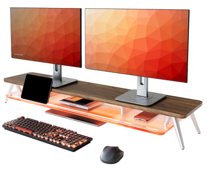 Fenge Dual Monitor Stand with 8-Mode LED Lights, 5.7" H Computer Monitor Riser with Acrylic Shelf & Aluminum Legs, Stable Desk Shelf Organizer for Computer Laptop Home Office & Gaming, Brown
