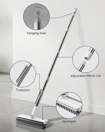 Small Floor Scrub Brush with Length Adjustable Long Handle, 3 in 1 Heavy-Duty