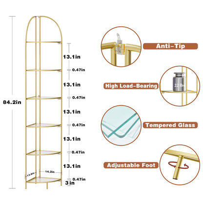 Crofy Foldable 6 Tier Corner Shelf, Metal Corner Plant Stand with Gold Frame and Transparent Shelves, Corner Display Rack Multipurpose Shelving Unit for Living Room, Bedroom, Bathroom