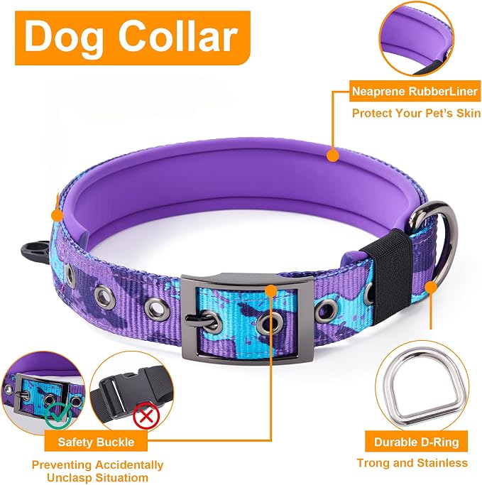 Annchwool No Pull Dog Harness,Heavy Duty Collar & Leash Set-Leash with Double Handle & Car Seatbelt Clip-Easy Control for Walking Training Medium Large Size Dogs(Camo Purple,M)