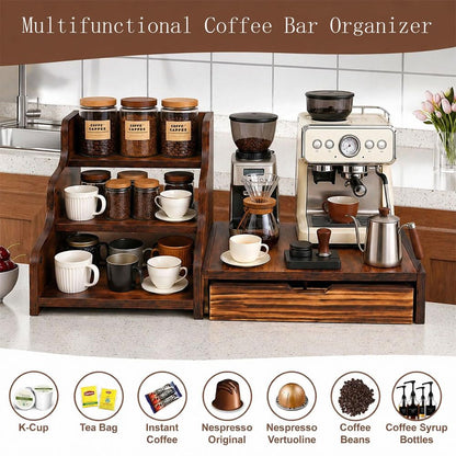 Wooden K Cup Coffee Station Organizer, 3-Tier Rack with Coffee Pods and Tea Organizer Holder,K Pod Drawer Coffee Maker Stand,Coffee Bar organizer Countertop for Accessories