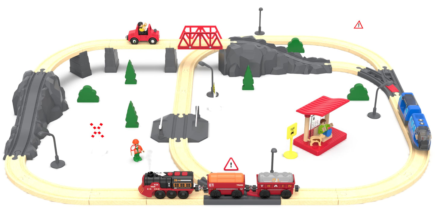 Toy Train Electric Train Set for Wooden Tracks, Christmas Motorized Train Toys for Toddlers, Battery Operated Train Includes Lights, Sounds, Smoke, Steam Train Compatible with Thomas, Brio