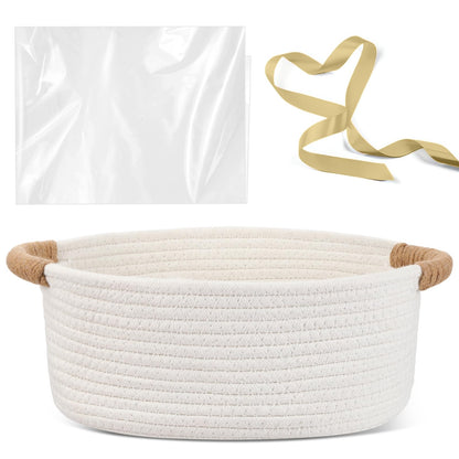 Colingmill Graduation Woven Gift Basket with Gift Bags and Ribbons 12"x8"x5" Empty Cotton Rope Storage Basket for Birthdays Wedding DIY Present(White)