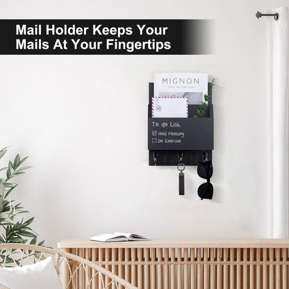 Lucundm Key and Mail Holder for Wall Mount, Entryway Mail Holder with 2 Slot, Key Holder with 3 Sturdy Hooks for Coat, Dog Leash, Decorative Key Rack (8.86”W x 11.42”H x 3”D) (Black)