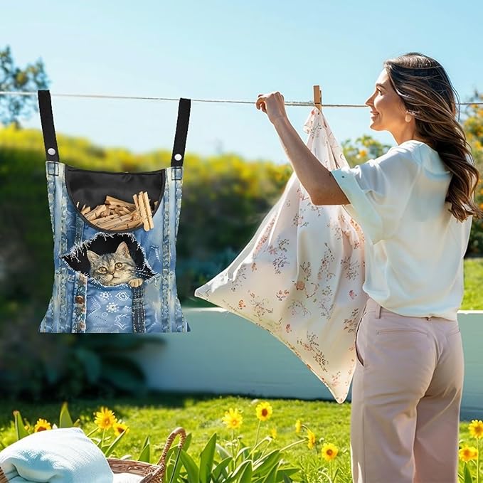 Cat Pin Bag with Hanging Rope, Laundry Hanging Bag, Fits Clothes Lines