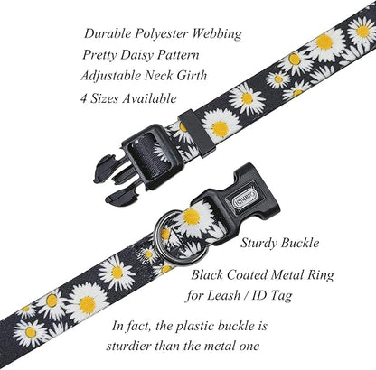 Dog Collar and Leash Set, Cute Daisy Pattern, Polyester Material, 5ft Leash, for Small Dogs.(Small,Black Daisy)