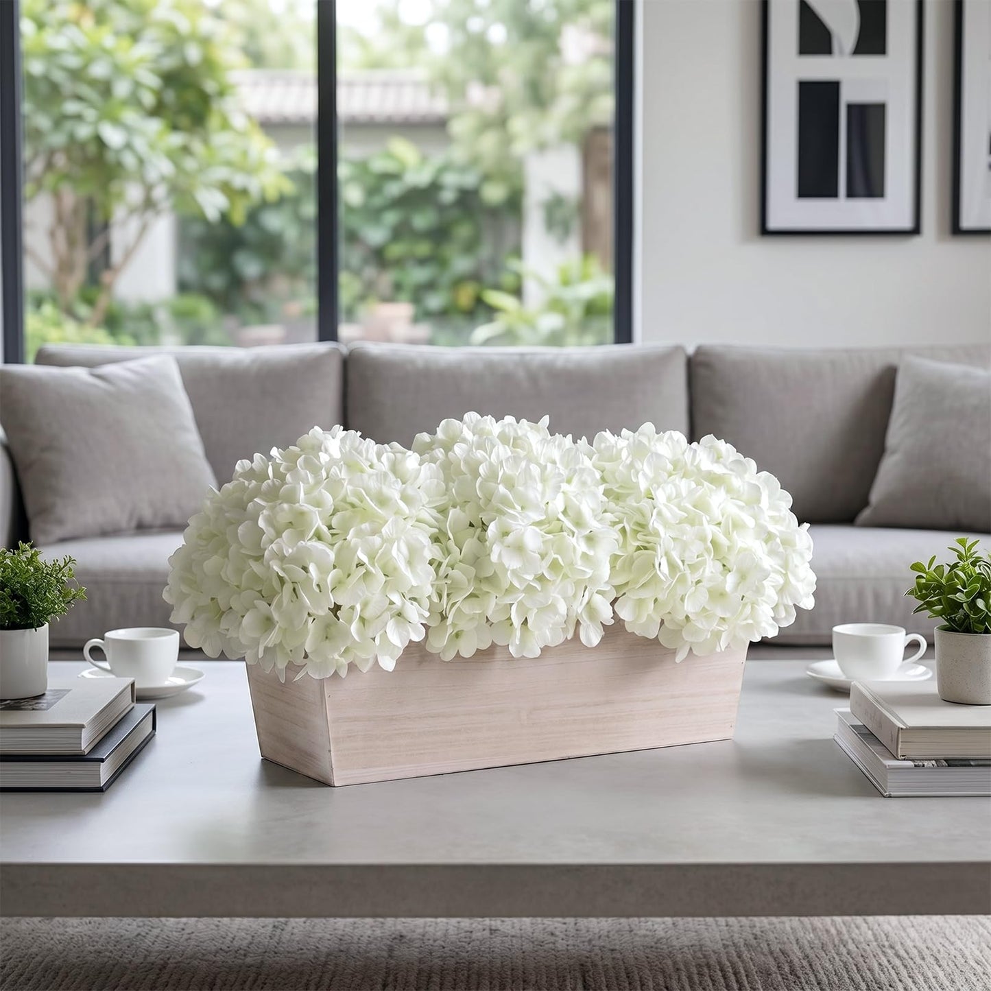 21" Large Artificial Hydrangea Arrangement in Planter for Table Centerpiece, Lifelike Fake Hydrangea Potted Plant, Silk Faux Flowers in Wood Planter for Farmhouse Home Office Shower Decor (White)