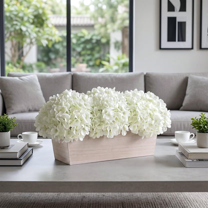 21" Large Artificial Hydrangea Arrangement in Planter for Table Centerpiece, Lifelike Fake Hydrangea Potted Plant, Silk Faux Flowers in Wood Planter for Farmhouse Home Office Shower Decor (White)