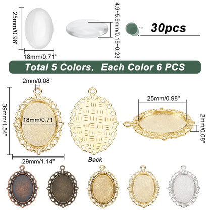 PH PandaHall 60pcs Pendant Tray Kit, 30pcs 5 Color Oval Pendant Blank Bezel, 30pcs 25 x 18mm Glass Cabochon Dome Tiles Clear Cameo Memorial Photo Pendant for Wedding Bouquet Graduation Photo Charm