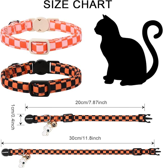 2 Pack Fall Cat Collars Breakaway with Bell, DOGWONG Safety Buckle Orange Plaid Halloween Cute Cat Collar for Girl Boy Cats，Adjustable 7-12 Inch