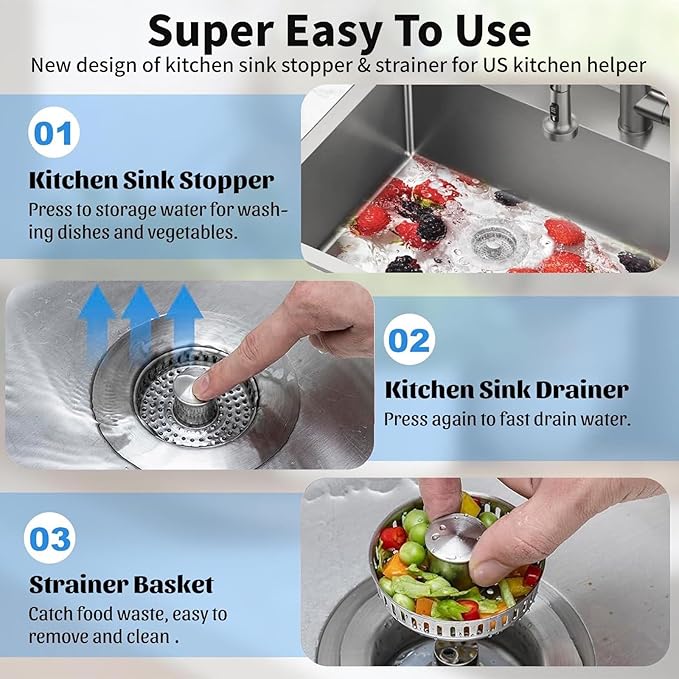 3-in-1 Kitchen Sink Drain Strainer & Sink Stopper 2 Pack : 304 Stainless Steel