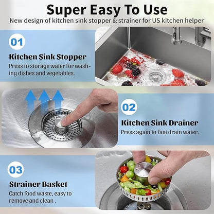 3-in-1 Kitchen Sink Drain Strainer & Sink Stopper 2 Pack : 304 Stainless Steel