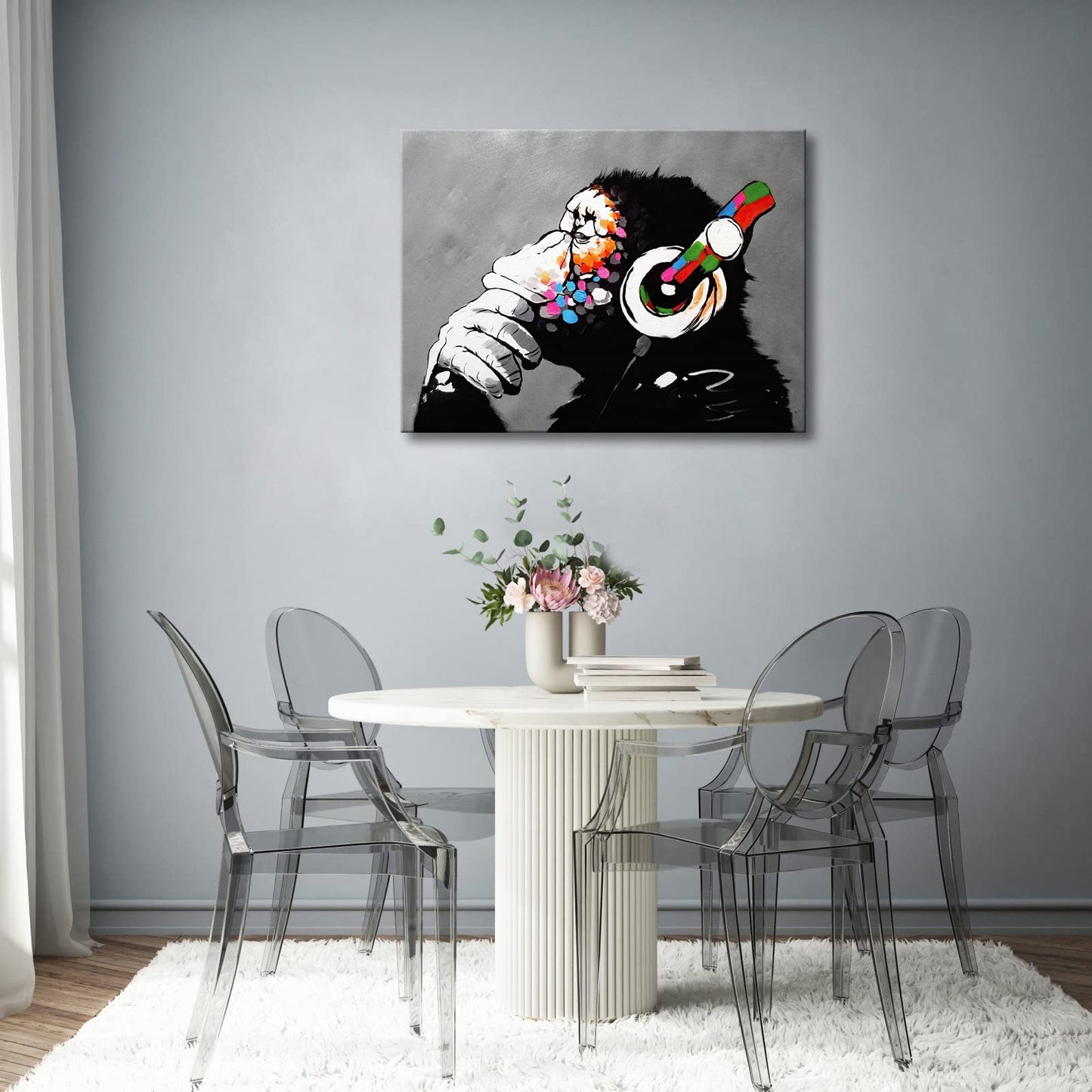 Wieco Art Black Framed Monkey With Headphones Banksy Graffiti Art Abstract Canvas Paintings Prints Animal Canvas Wall Art for Wall Decor and Home decorations Office Decor