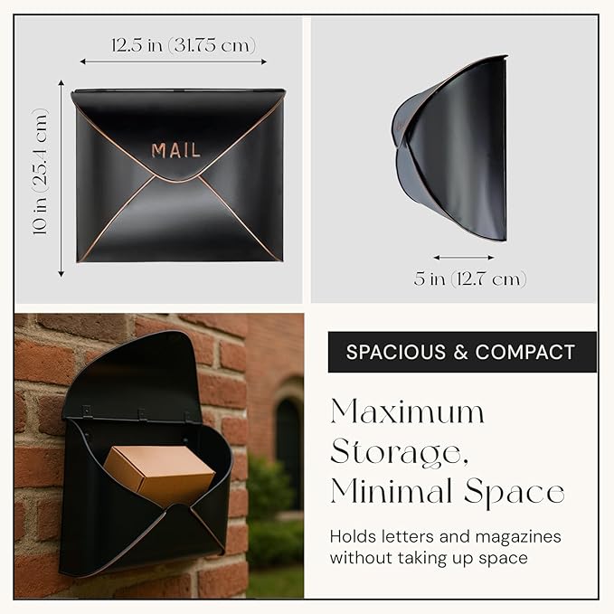 NACH Black Mailbox Wall Mount, 12.5 x 5 x 10 inch Wall Mount Mailboxes for Outside, Waterproof Mailboxes for Outside - Envelope Mailbox