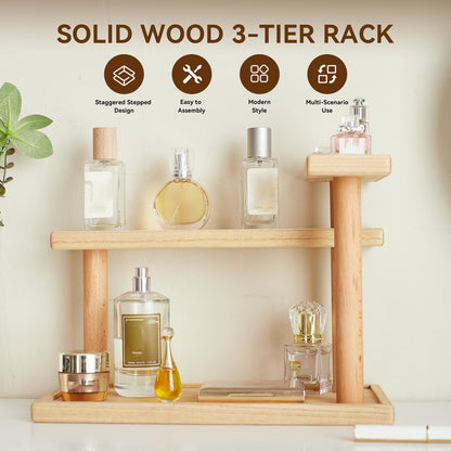 KIRIGEN 3-Tier Decor Display Riser, Paulownia Wood Step Shelf with Beech Supports, Wooden Countertop Stand Organizer for Entryway, Bedroom, Vanity for Perfumes, Cosmetics, Jewellery, Keys ZWJ-NA