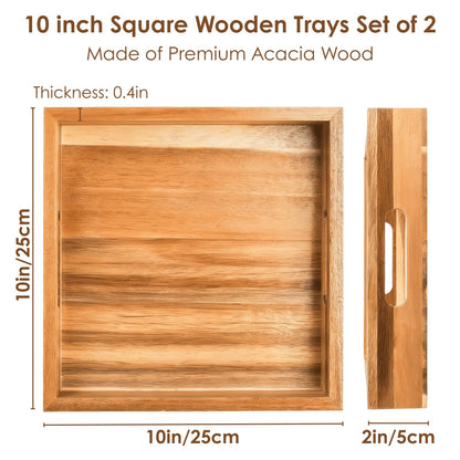 YOUEON Set of 2 Acacia Wood Serving Tray with Handles, 10x10x2 Inch Decorative Serving Trays for Food, Ottoman Tray, Square Coffee Table Trays for Dinner, Coffee, Wine, Appetizer