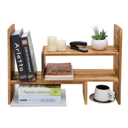 Liry Products Adjustable Extendable Natural Wood Desktop Organizer Caddy Desk Organizer Countertop Shelf Bookcase Display Stand Rack Expandable Storage Office Home (Dark Brown)