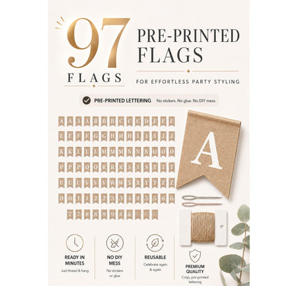 Pre-Printed Banner Kit – 97 BURLAP Flags with WHITE Letters, Numbers & Symbols, Reusable DIY Custom Banner, Make Your Own Personalized Banner for Aesthetic Party Decor, Natural Linen-Look Burlap, Includes Twine & Needles