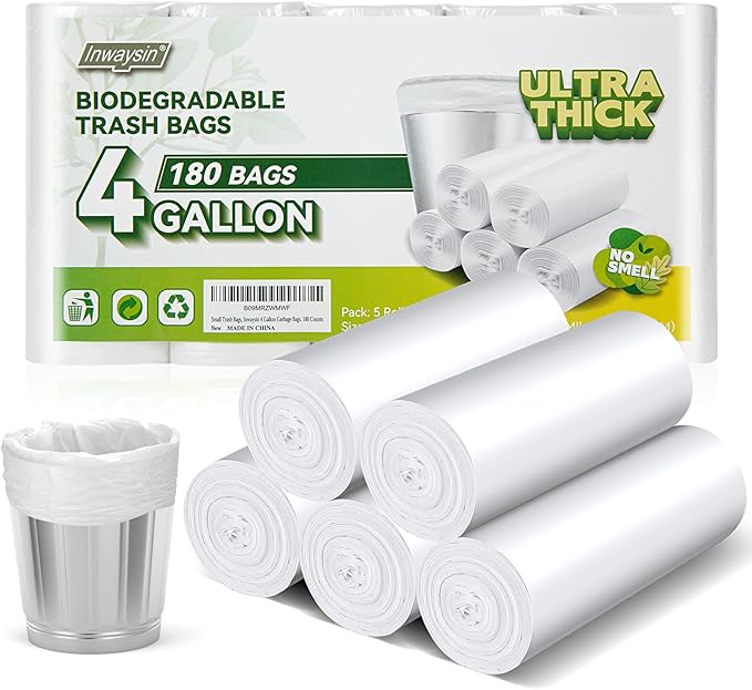 Inwaysin 4-6 Gallon Small Trash Bags Biodegradable 180 Counts, Ultra Thick &