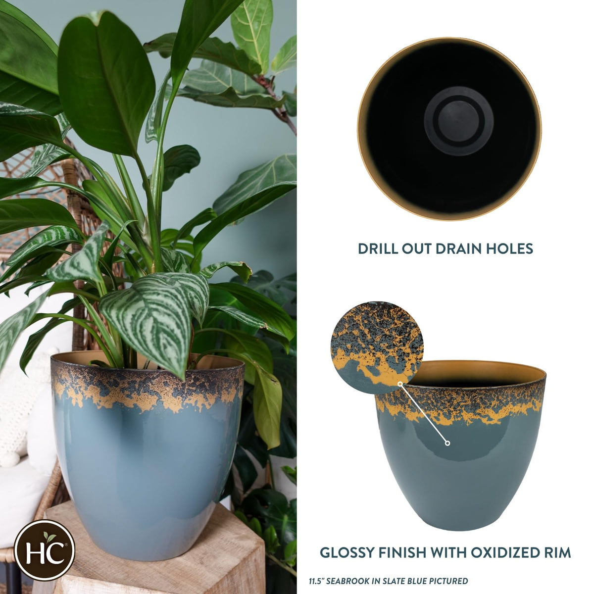 The HC Companies 11.5 Inch Seabrook Decorative Round Planter - Lightweight Premium Resin Plant Pot with a Ceramic Look for Indoor Outdoor Use, Slate Blue