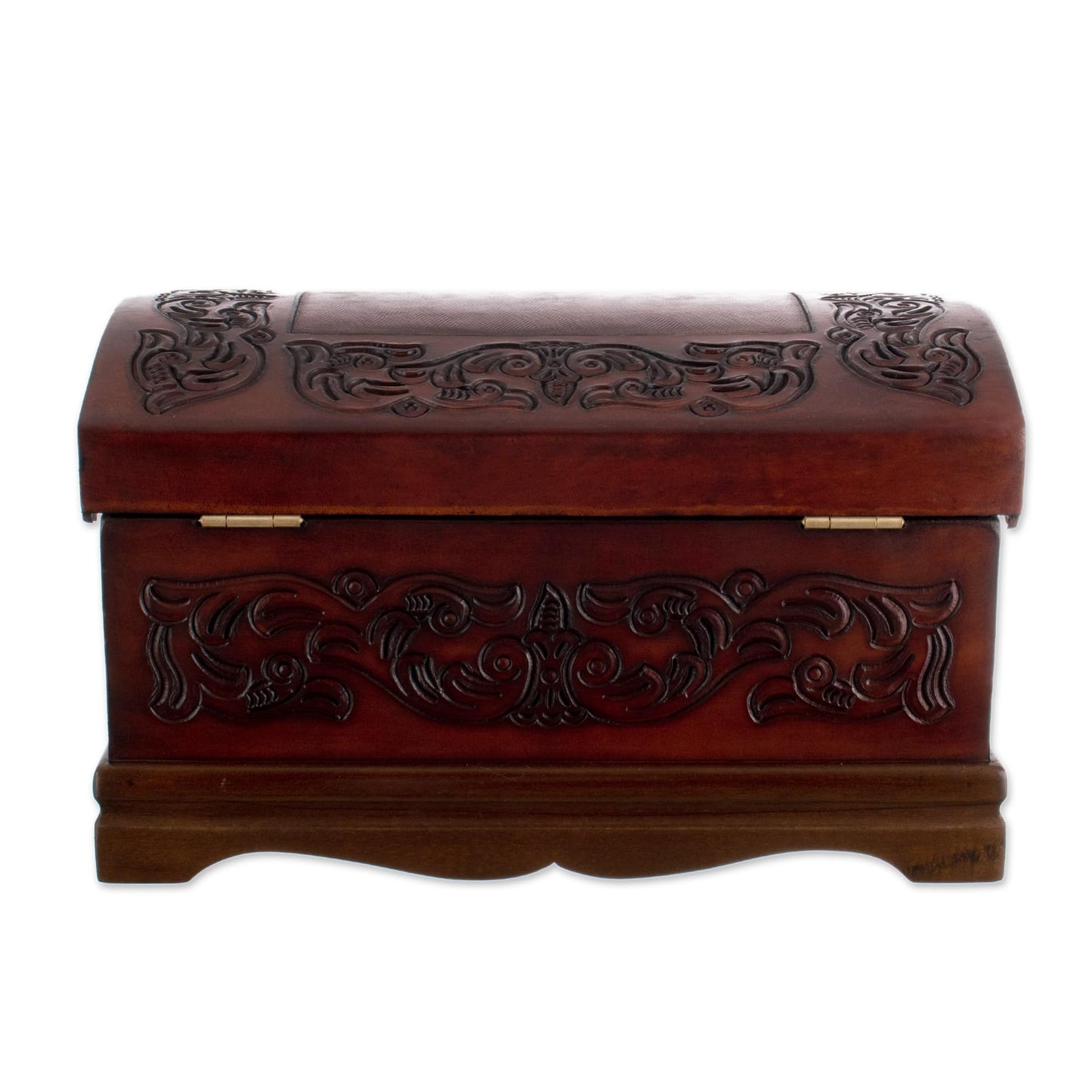 NOVICA Colonial Theme Mohena Wood and Tooled Leather Jewelry Box, 'Colonial Legacy'