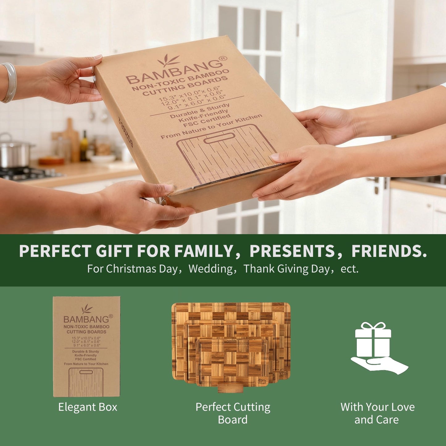 BAMBANG Bamboo Cutting Board for Kitchen with Juice Groove, End-Grain Butcher Block Chopping Boards, Checkered Wooden Cutting Boards Set of 3 with Stand, Knife-Friendly, Serving Tray