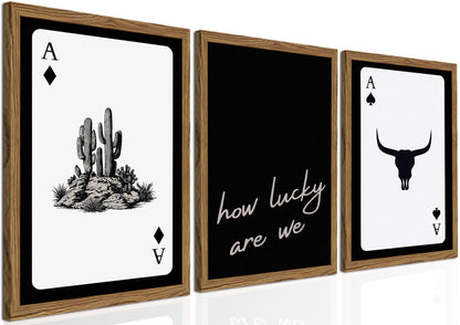 Western Wall Art Set of 3, Southwestern Cowboy Playing Card Wall Decor, Longhorn Bull Skull and How Lucky are We Poster Canvas Painting Prints for Bedroom Living Room 12x16 inch Wood Framed