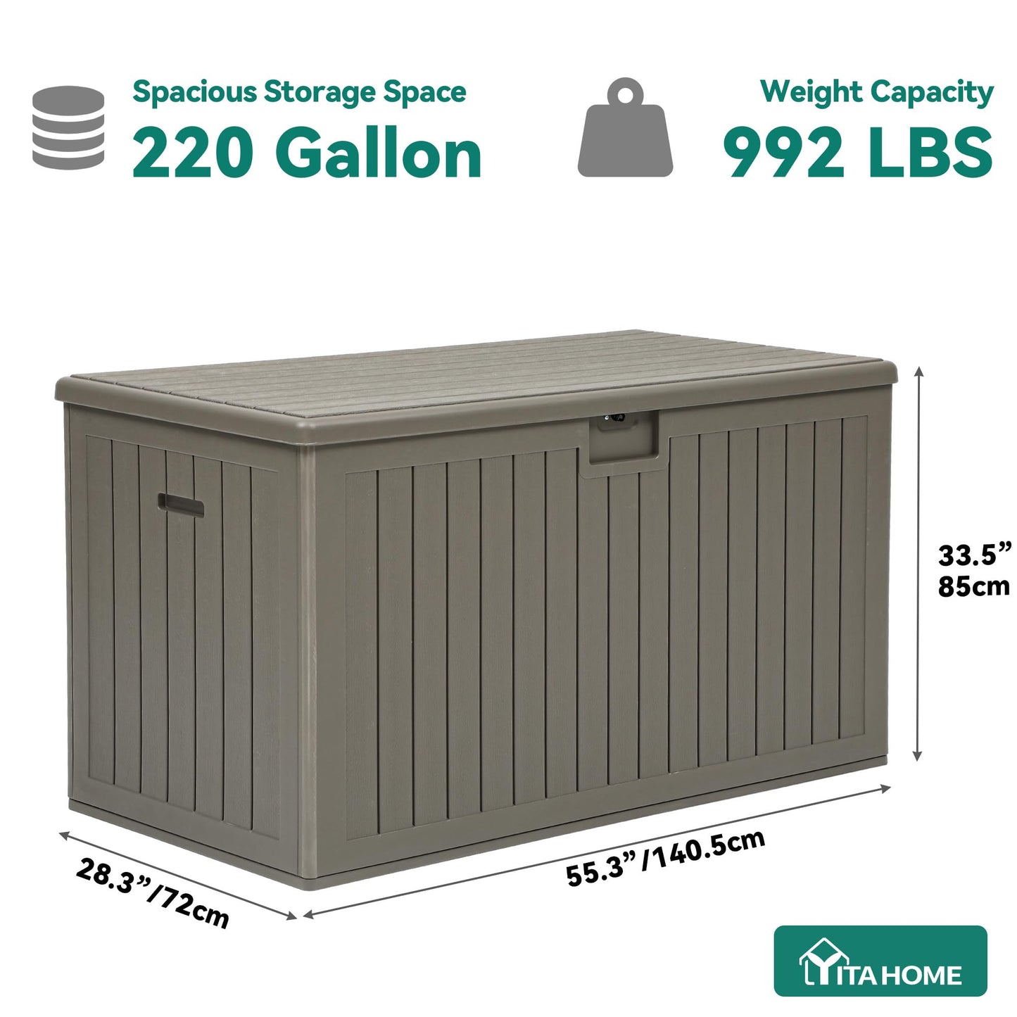 YITAHOME 220 Gallon Extra Large Deck Box, Double-Wall Resin Outdoor Storage Box with Flexible Divider for Patio Cushions Pool Supplies Garden Tools, 990 lbs Load Capacity, Lockable (Light Brown)