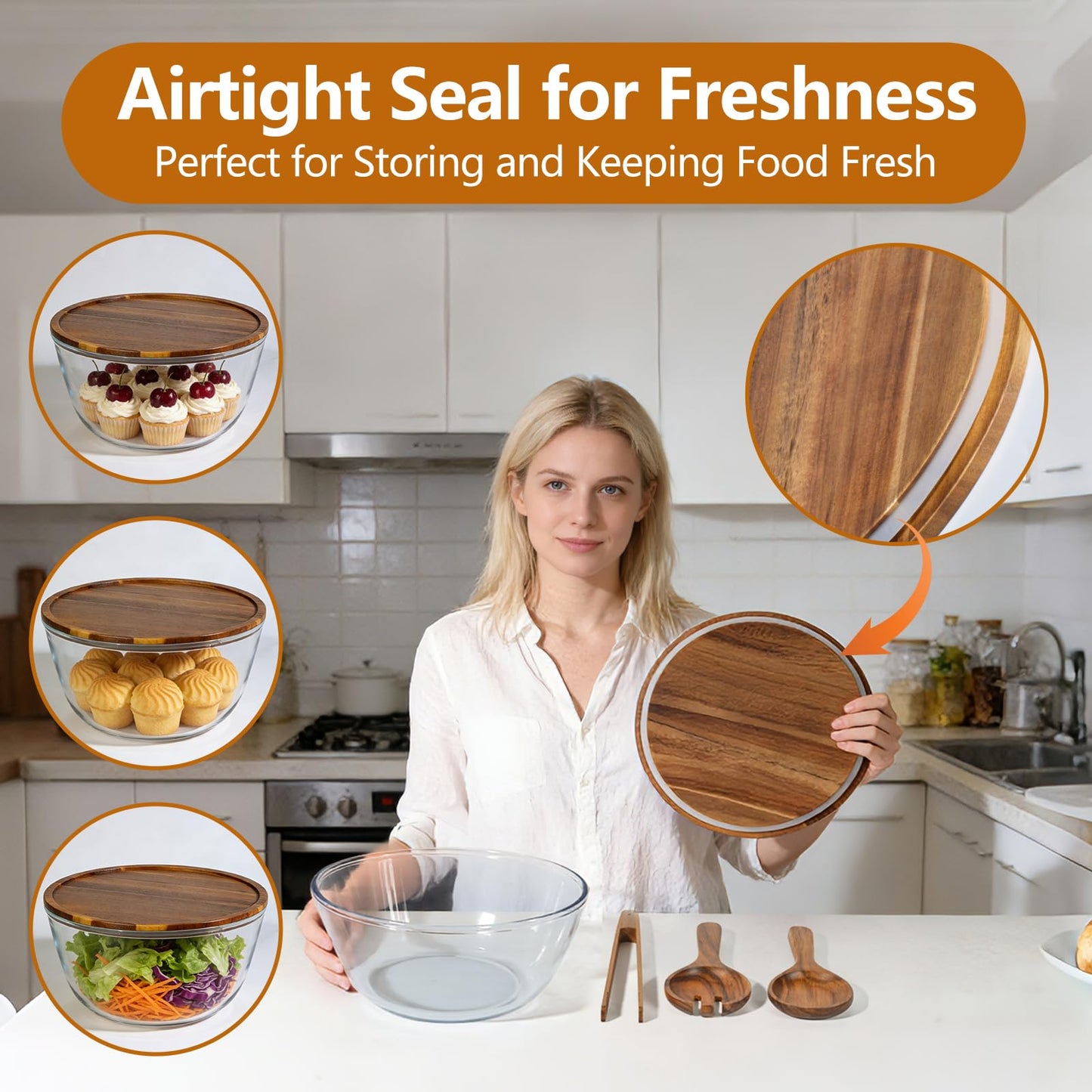 Anyvape Glass Salad Bowl Set, 4.8QT with Acacia Wood Lid & Utensils