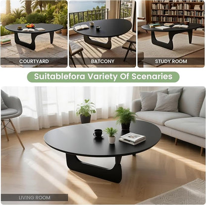 Solid Wood Triangle Coffee Table,Unique Mid Century Modern Oval Coffee Table,Irregular Geometric Tea Tables for Home Living Room with Wooden Tabletop and Reinforced (Black2, 43" L x 31" W x 16" H)