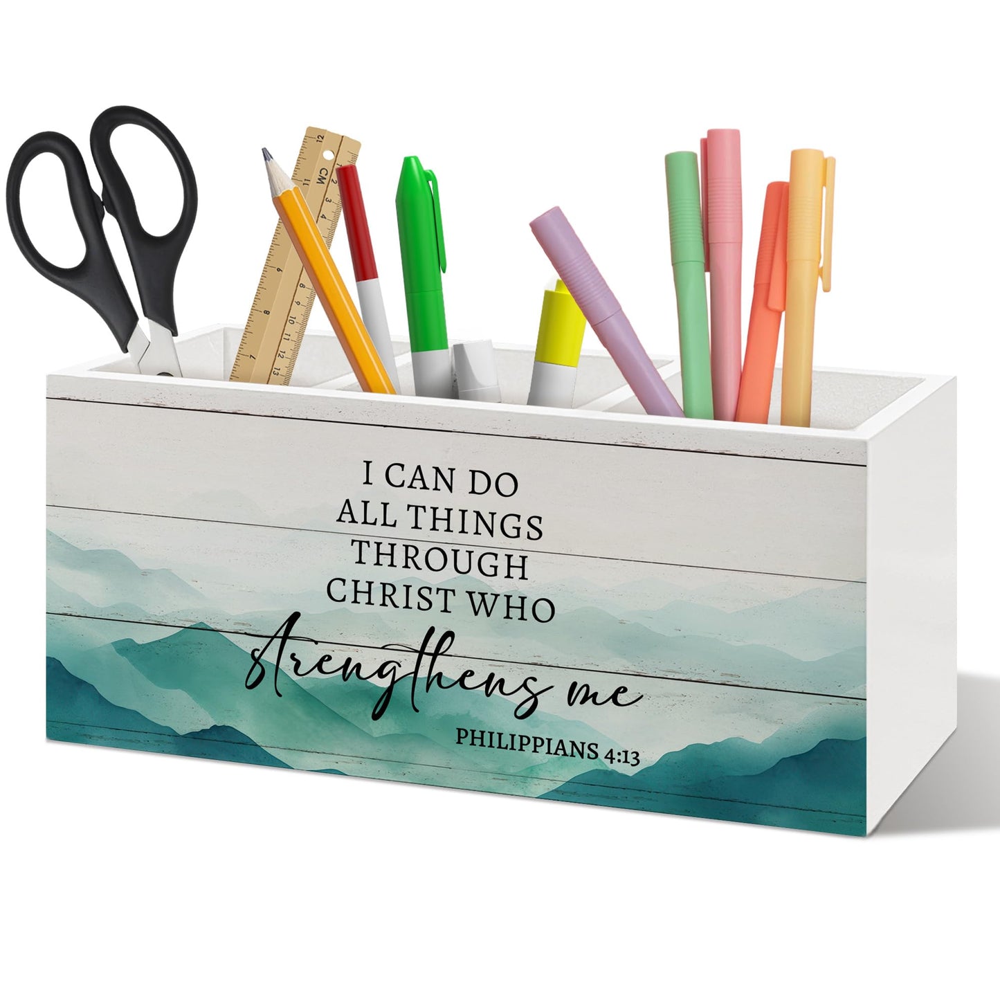 ANIANG Motivational Christian Pen Holder Organizer, Christian Desk Decor, I Can Do All Things Through Christ Bible Verse Wooden Pen Pencil Holders for Home Office Desk Accessories