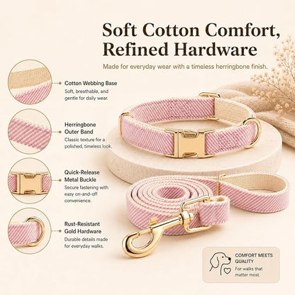 Herringbone Tweed Dog Collar and Leash Set for Small Dogs, Pink | Snag-free, no-rub design. Soft breathable cotton, gentle on fur. Adjustable durable matching combo for walks & outdoors.