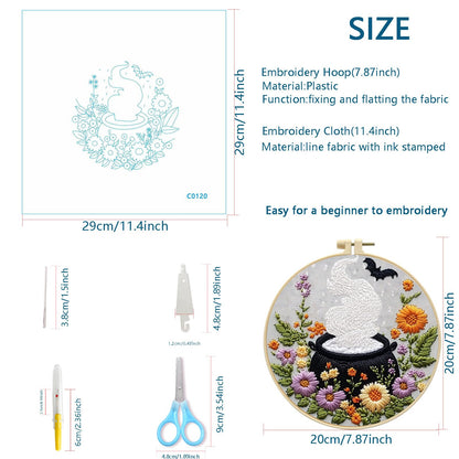 Zhenqing 4-Piece Halloween Embroidery Kit for Beginners - Spooky Ghost, Witch Hat, Black Cat & Cauldron Designs with Pre-Printed 29x29cm Cotton Fabric, Hoop, Threads & Tools(C0165)