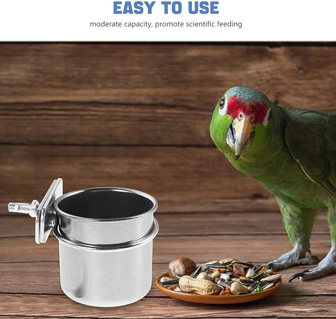 2pcs Stainless Steel Parrot Food Bowl with Clamp Holder, Bird Cage Feeding Coop Cups 4.4cm 5.5cm for Small Birds and Pet Parrots