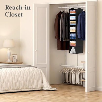 Lifewit 7 Tier Hanging Closet Organizer and Storage for Shelves, 1 Pack Foldable Clothes Shelf with 2 Sturdy Hooks, Sweater/Coat/Shoes Clothing Organization for Wardrobe, Dorm, Bedroom, Black