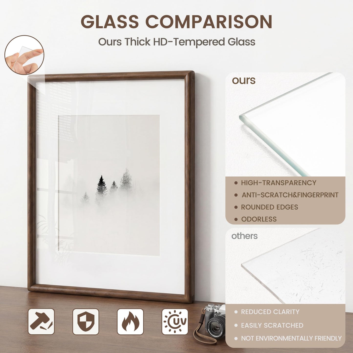 9x12 Picture Frame, USA-Sourced Natural Walnut Wood Photo Frame with Tempered Glass, Handcrafted Rounded Corner 9 x 12 Wooden Frame Matted to 6x8 Photos, Wall or Tabletop Display