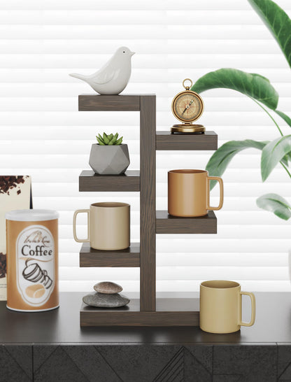 NiHome Coffee Mug Shelf Organizer - Vintage Distressed Wood Countertop Coffee Cup Holder, Holds 7 Mugs, Sturdy Mug Rack with Non-Slip Feet, Mugs Display Shelf, Curio Shelf, Knick Knack Shelf