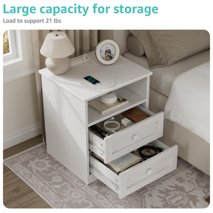 White Wooden Nightstand with Charging Station - Framhous Led Night Stand with 2 Drawers Modern Bedside Table for Bedroom Wood End Table with Lights and Storage