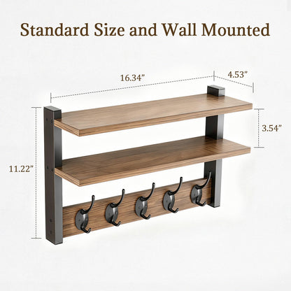 FOMAYKO Wall Hooks with Doubel Wood Shelves, 17 Inch Coat Hooks with Shelf, Wall-Mounted, Entryway Hanging Shelf with 5 Metal Hooks for Clothes Hats Towel Purse, Bathroom Bedroom, Rustic Brown Black