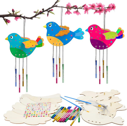 Fennoral 6 Pack 3D Bird Wind Chime Craft Kit for Kids Make You Own Birds Wind Chimes Ornament Wooden Arts and Crafts for Kids DIY to Paint Bird for Winter Spring Art Activity Birthday Decoration