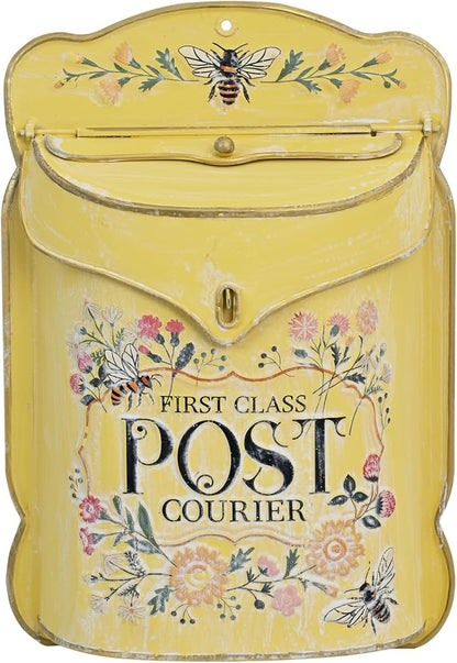 Wall Mount Mailbox for Outside Vintage Mail Boxes for House Outside Metal Door Mailbox Drop Box Antique Style Nostalgic Charm Home Decorative, Flower Pattern, Yellow