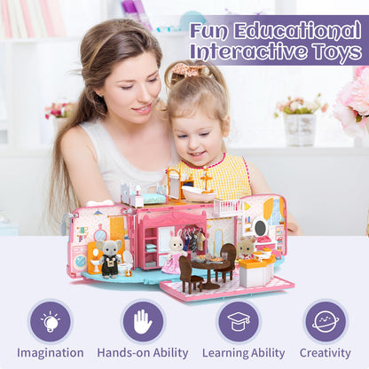 MITCIEN Dollhouse Playset, DIY Pretend Portable Caravan Camper Bus Toy Kit with Little Critters Bunny Dolls Mini Cottage House Set Camping Family Toys for Toddler 3 4 5 6 Year Old Girl