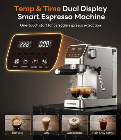 Aromaster Espresso Machine 20 Bar with Milk Frother, Easy to Use Compact Espresso Maker with Touchscreen, Fast Heat 1400W for Latte & Cappuccino, Stainless Steel Coffee Machine for Home & Office