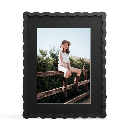 THKRLOF 11x14 Picture Frame with Mat for 8x10, Wavy Edge Wooden Real Glass Photo Frame for Wall Hanging, Black, 1 Pack