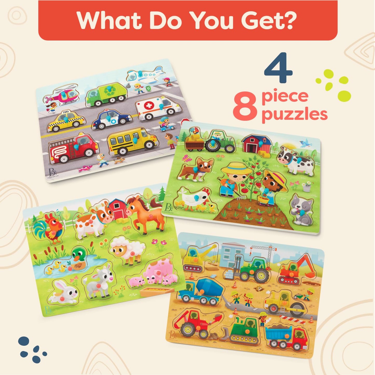 B. toys – Peek & Explore Puzzle 4-Pack – Wood Toys for Toddlers, Kids – 8 Pieces Each – Vehicles, Trucks, Animals, Barnyard – 2+ Years