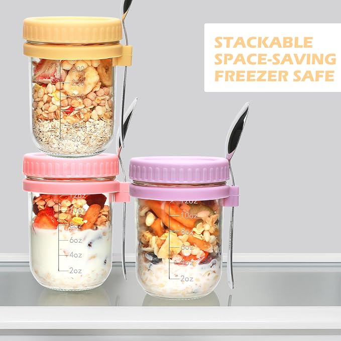 4 Pack Overnight Oats Containers with Lids and Spoons，16 Oz Glass Mason Jars for Overnight Oats Jars, Leak Proof oatmeal Container Meal Prep Jar for Cereal Salad Milk Yogurt Vegetable