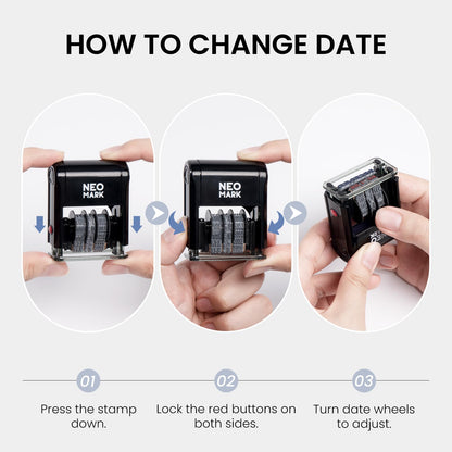NEO MARK Self-Inking Date Office Stamp with Scanned Blue Ink & Date Red Ink, 12-Year Adjustable Rubber Dater, Ideal for Documents, Business & Accounting - with an Extra Refill Ink Pad