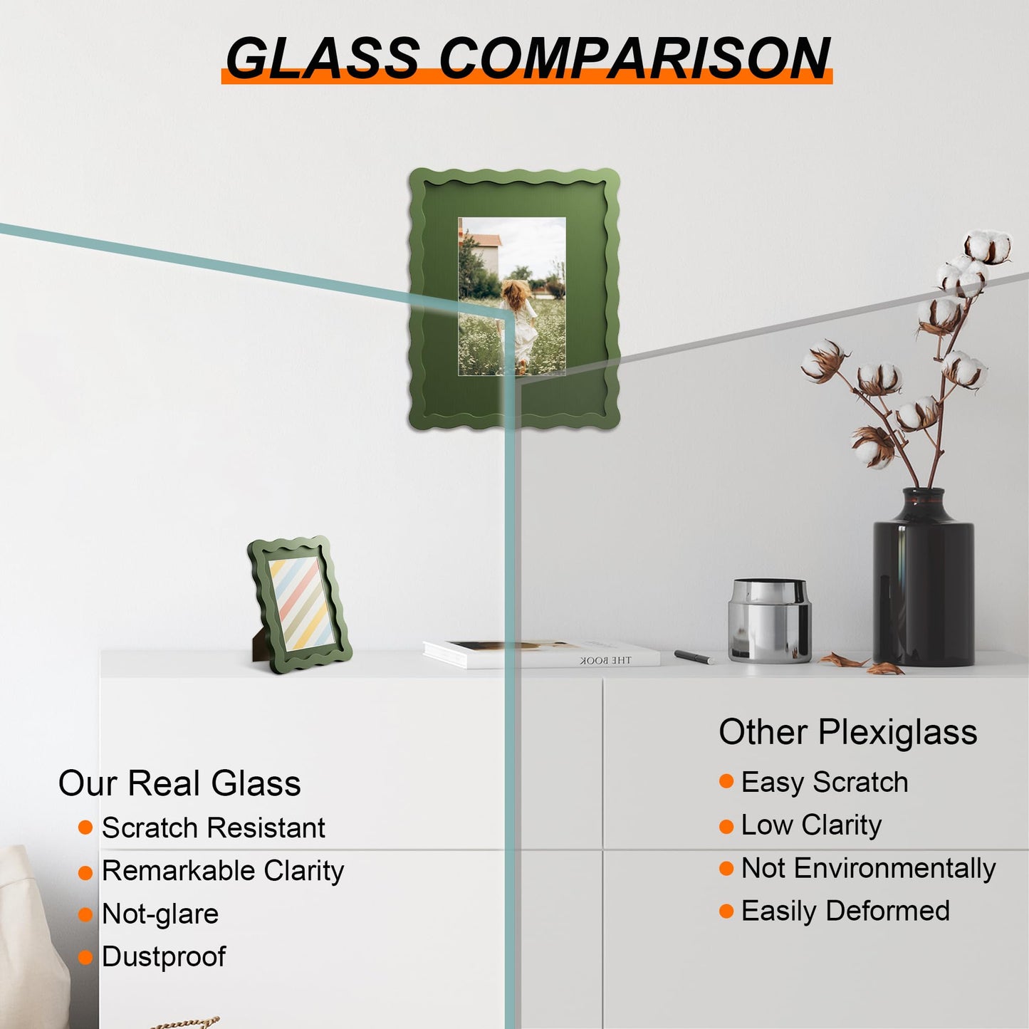 THKRLOF 8x10 Picture Frame with Mat for 5x7, Wavy Edge Wooden Real Glass Photo Frame for Tabletop and Wall Hanging, Green, 1 Pack