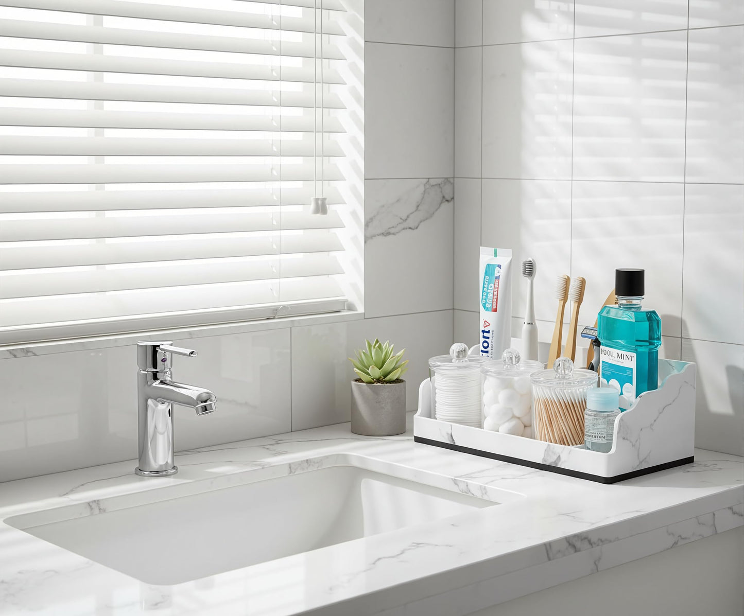 TuCao Bathroom Counter Organizer with 3PCS Qtip Holder, Marble Toothbrush Holders for Bathrooms, Bathroom Organizers and Storage with Drain Holes, Electric Toothbrush Holder, Vanity Organizer